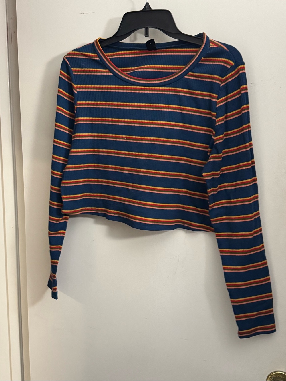 SHEIN Navy Long-Sleeve Striped Crop Top with Orange and Red Accents
